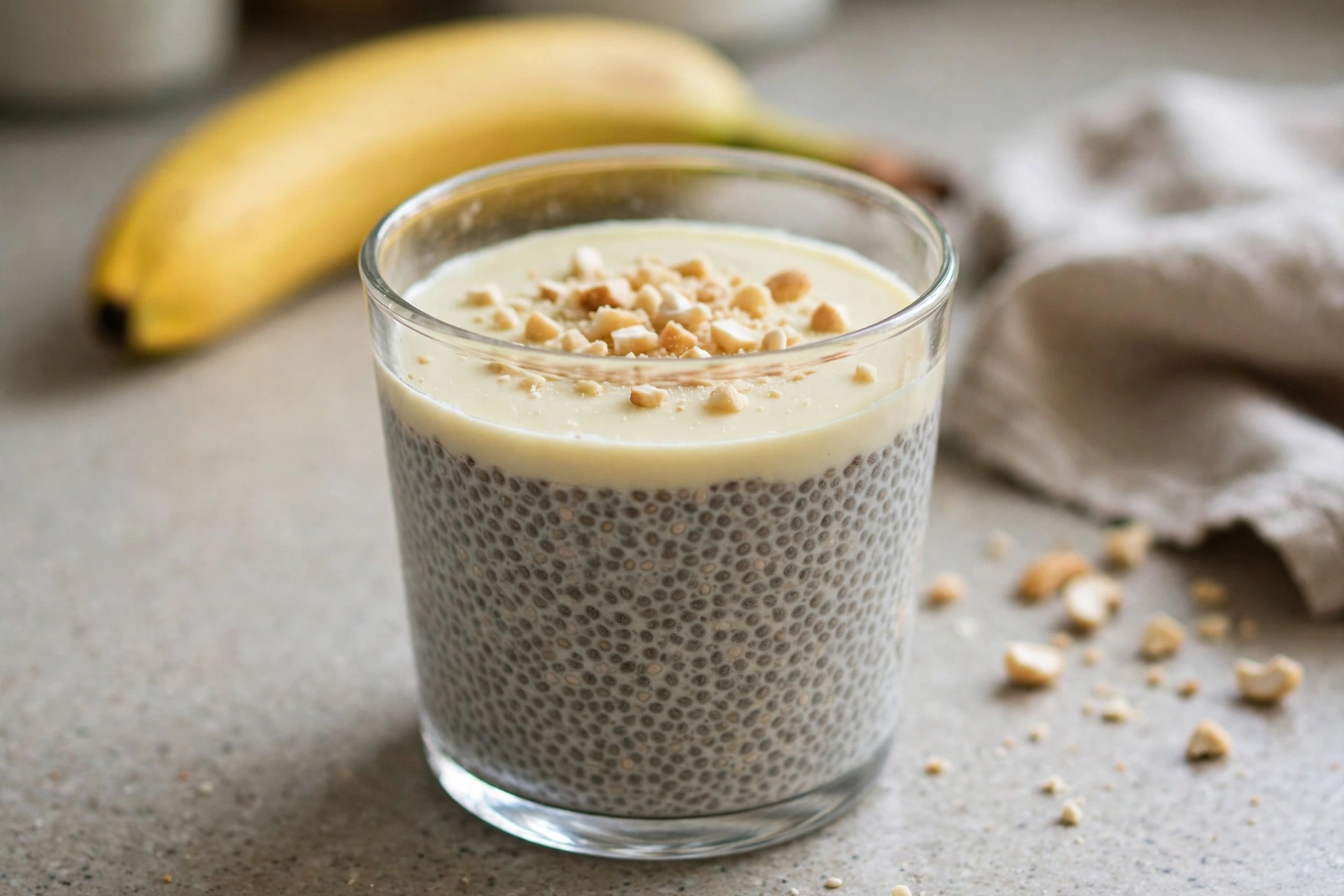 Banana, kefir and chia 'gut pudding' with white chocolate