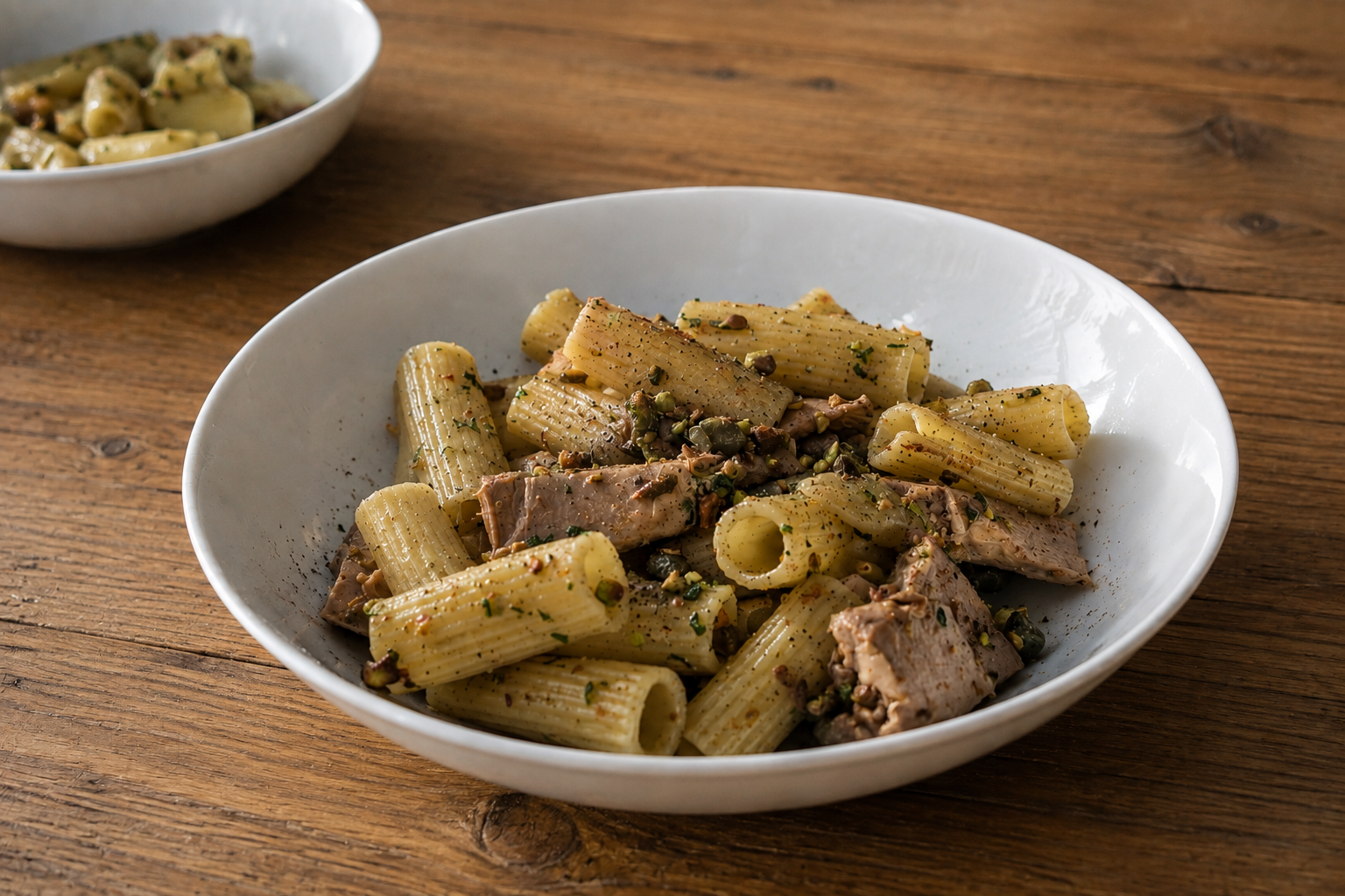 Rigatoni with tuna, pistachio, capers and mint